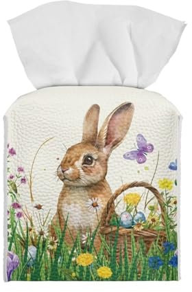 Eheartsgir Quadratische Taschentuchbox mit Hasen-Schmetterlings-Eiern, wasserdicht, Leder, Taschentuchbox, Organizer, PU-Leder, Taschentuchbox, Abdeckung, Serviettenhalter für Zuhause, Büro, Küche,