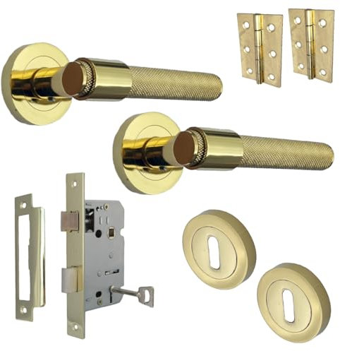 Betley Butterfly Knurled Door Handles Key Locking Set Brass Loop & Neck Lever on Round Rose Latch Handle Pack for Internal Wooden Doors for Home and Office Luxe