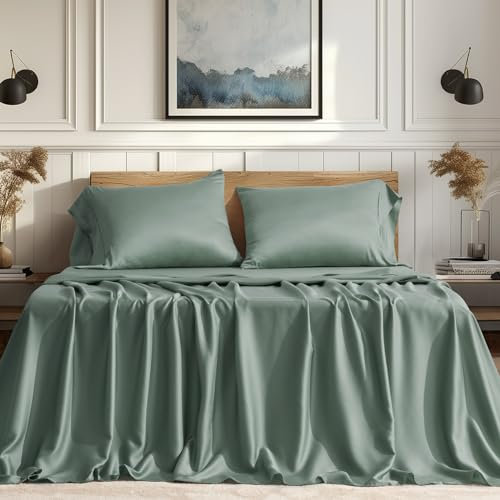 EVERGRACEHOME Tencel Bettlaken-Set, 4-teilig, weich kühlendes Bettlaken für heiße Schläfer, Eukalyptus-Lyocell, luxuriös, atmungsaktiv, 1 Spannbetttuch, 1 Bettlaken, 2 Kissenbezüge, Misty Salbeigrün