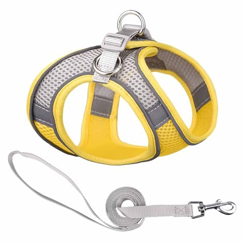 Monkimau Atmungsaktives Hundegeschirr mit Leine | Mesh und Nylon | Ideal für kleine Hunde und Katzen | Größe XXS bis L (Gelb-Grau, S)