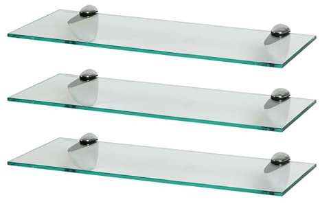 Harbour Housewares 3X Klar 50cm Schwebende Wandregale aus Glas - Badezimmer Dusche Küche Regale Lagerung Anzeigeeinheit mit Silberne Klammern
