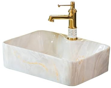 GLigeT Waschtisch Waschbecken mit Marmorstruktur, Aufsatzwaschbecken, quadratisches Badezimmer, Badezimmer-Waschbecken aus Keramik mit Zubehör Waschbecken