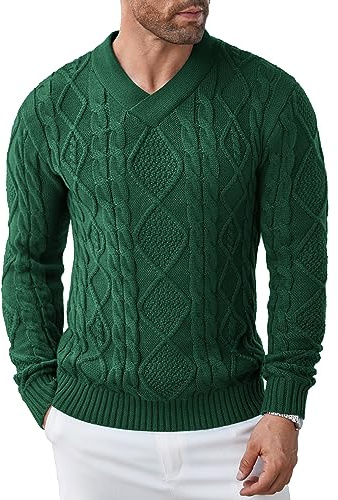COOFANDY Mens V Neck Jumper Cable Knit Pullover Winter Long Sleeve Knitwear | Aran, Slim Fit Sweater, Smart Casual Jumpers Pullover