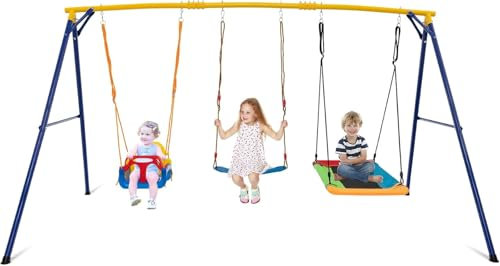 DREAMADE 3 en 1 Ensemble de Balançoire Enfant Exterieur,Portique Balançoire en Métal avec 3 Balancoires Réglables,Aire de Jeu Enfants 3-10 Ans,Charge 300KG