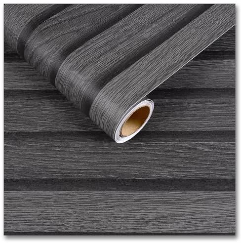 CRE8TIVE Wood Effect Vinyl Self Adhesive Black Grey Peel and Stick Wallpaper 30cm x 200cm Wood Slat Wallpaper for Bedroom Vintage Countertop Contact Paper Kitchen Vinyl Wrap for Bathroom Cabinet