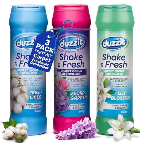 Duzzit Shake & Fresh Carpet Freshener Deodoriser, Fresh Linen Scent (FREYPAC Bundle of 3) (Lily)