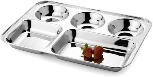 AYUSHNAIK Stainless Steel Rectangular Thali Plate, 5 Compartment Thali Mess Trays, Kids Lunch and Dinner or Every Day Use