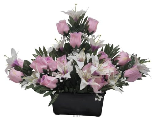 Artificielles.com - Devant de tombe de Rose et Lys tigré Rose artificiels pour la Toussaint - couleur: Rose 715