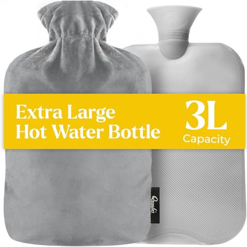 Qomfor XXL Large Hot Water Bottle with Fleece Cover UK (3L) – Long-Lasting Hot Water Bottle for Bed, Back Pain & Menstrual Cramps – Cozy Bed Warmer (Grey)