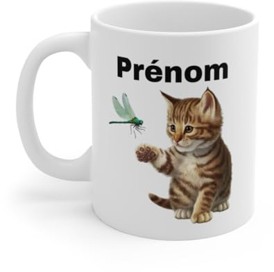 Mug Tasse Personnalisable Personnalisé Chat et Libellule - Cadeau Unique pour Amoureux des Animaux Taille 11oz