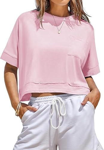 Fisoew Damen T-Shirt Kurzarm Crop Tops Sommer Rundhals Oversize Tops Fitness Sport Shirts Bauchfrei Einfarbig Basic Top, Rosa., XL
