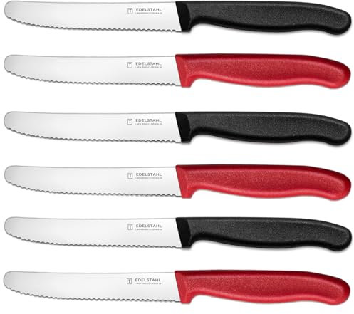 targzier Frühstücksmesser 6 Stück,Hochwertige Brotmesser aus Edelstahl,Mehrfarbig Tomatenmesser Wellenschliff,Scharfe Besteck Messer,Kunststoffgriff Tafelmesser Set&Spülmaschinenfest(Schwarz&Rot)