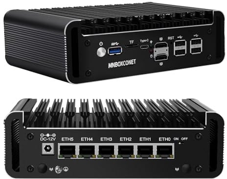 MNBOXCONET Mini PC N150 Firewall Lüfterlos (up to 3.6GHz), DDR5 Barebone Micro Appliance Hardware Computer 6 x 2.5GbE I226-V LAN, Win, OPNsense, Type C, TF, AES-NI