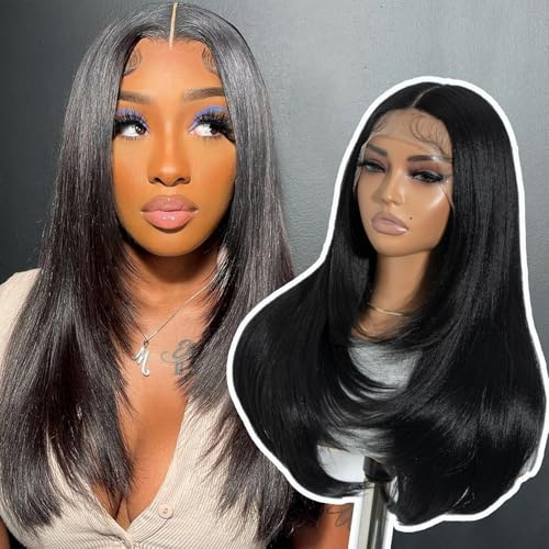 Joedir Lange Glatte Schwarze Perücke mit Stufenschnitt für Frauen Brünett-Synthetikhaar mit Pony Für Alltag, Party & Cosplay 61 cm