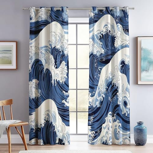 Rideau Thermiques à Oeillets Style Japonais Illustration De Vagues Thème, Polyester Rideau de Protection UV, Coulissants pour Salon Chambre Fenetre Décoration 140 L x 245 H cm (2 Panneaux), Bleu