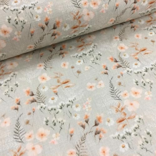 Musselin Stoff Double Slub – Blumen, Zweige - beige-apricot - Ökotex zertifiziert – weiche Meterware ab 50 cm – Musselinstoff für Kinder, Baby, Kleidung, Nähen