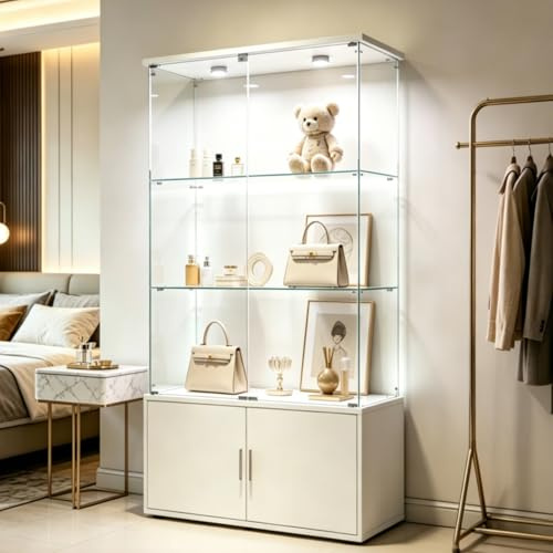 HOOGDLJ Glasvitrine mit Led Beleuchtung,Glasvitrine Stehend Glas Vitrinenschrank 4 Türen 4 Etagen Sammlervitrine mit Schloss Vitrine Glas Für Bücher,BüRo,Wohnzimmer (Weiß, 4 Tür 4 Lagen-LED)