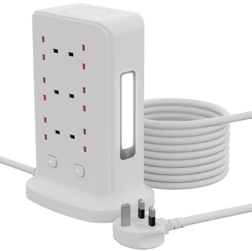 Tower Extension Lead with Wireless Charger, BOCHLION Extension Tower 5 USB C & 1 USB A Power Socket With Night Light, 12 Way Plug Extension Socket Surge Protector, Extension Cable 1.5M-White