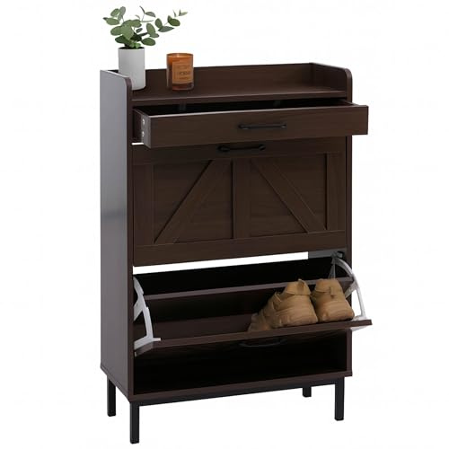 Mendler Schuhkipper HWC-P45, 2 Kippfächer MDF 95x60x24cm - Walnuss-Optik | Schuhregal, Schuhschrank, Ablage, Schublade