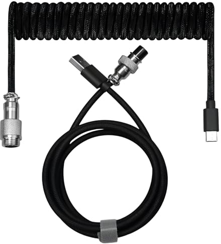 DewGulf TPU Mechanical Keyboard Cable with Detachable Aviator Connector for Gaming Keyboard, Type C Coiled Cable 1.8m, Type-C To USB A (Black)