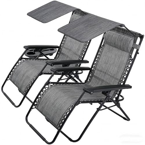 BIRCHTREE Set of 2 Zero Gravity Recliner Chairs with Canopy, Cup Holder, Adjustable Garden Sun Loungers, Foldable Outdoor Reclining Chairs for Patio, Balcony, SR06, Grey