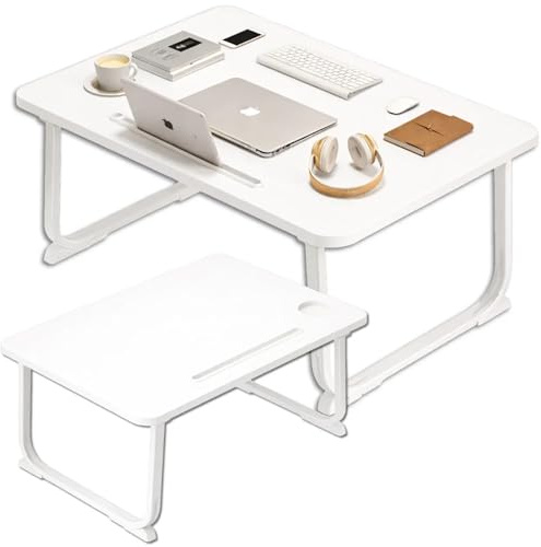 PECZEKO Laptoptisch Klappbar – Laptopständer mit Tablet-Halter, Frühstückstablett aus Holz, Tisch für Sofa und Bett, Multifunktionaler Notebooktisch zum Arbeiten, Lesen und Essen, 1 Stück weiß