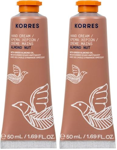 KORRES ALMOND NUT Handcreme, reichhaltige Handpflege mit Süßmandelöl, warmer Mandelduft, silikon- & parabenfrei, feuchtigkeitsspendend & pflegend, praktische Reisegröße, 50 ml (Packung mit 2)
