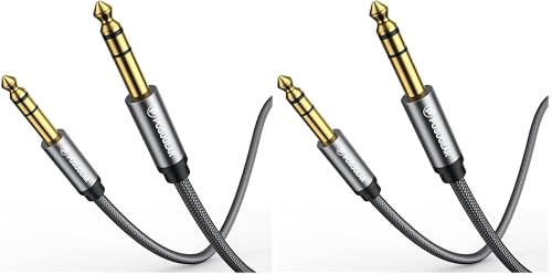 POSUGEAR 6.35mm Instrumentenkabel Stereo 2M, Nylon Geflochten 6.3mm Klinke auf 6.3mm Klinke Audio Kabel Lärmschutz für Verstärker Gitarre, Bass, Tasteninstrument (Grau) (Packung mit 2)
