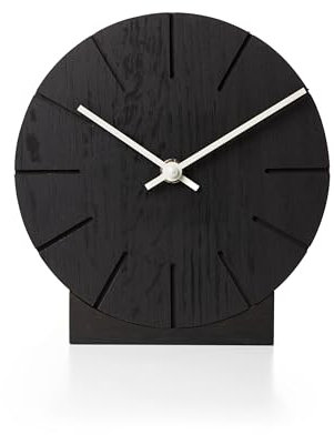 Natuhr Funkuhr Wanduhr Schwarze Tischuhr matt Eiche Holz - Boom - geräuscharm Massivholz Design ø17 cm (Eiche matt geschwärzt, weiße Zeiger, Quarzuhrwerk)
