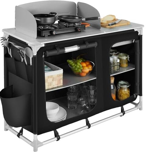TecTake® Cocina de Camping Plegable, Ligera, con Bolsa de Transporte, Accesorios de Cocina, Mesa Plegable Camping, Armario Cocina Camping, Mueble Cocina Camping, Mesa de Camping - Negro