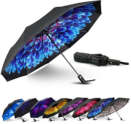 LLanxiry Regenschirm, winddicht, Reise-Regenschirme für Regen, schwarz, faltbar, 10 Rippen, automatisch, stark, tragbar, windbeständig, Rucksack-Regenschirm für Damen und Herren (blauer Diamant)