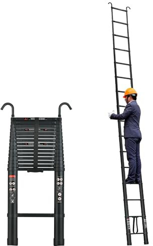 6.2M Extension Attic Ladder Telescopic with Hooks Steps Aluminim 20.3ft Extend 330lbs Max Capacity Mutil Purpose Straght Ladders Safe for Roof Office Home Household Daily Loft Lighweight Portable