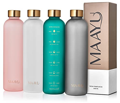 MAAYU Trinkflasche 1 l mit motivierender Zeitmarkierung - auslaufsicher, BPA frei, Kohlensäure geeignete Wasserflasche für Sport, Freizeit, Büro (Mokka Gold)