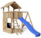Spielturm Mia 359 - natürlich Lärche - außergewöhnlich - Spielturm mit Holzdach, Kletterwand, Kreidetafel, Sandkasten, Doppelschaukel und Rutsche blau