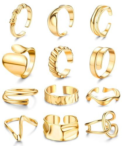 JeryWe 12PCS Offene Ringe Set für Damen Frauen Midi Verstellbare Fingerringe Gold Knöchel Ringe Set Niedliche Minimalistisch Klobig Stapelringe