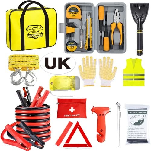 Car Emergency Kit, Roadside Assistance Emergency Kit, Car Breakdown Tool Set with Jumper Cables, Warning Triangle, Visibility Vest, Flashlight etc, Ideal Accessory for Truck, SUV