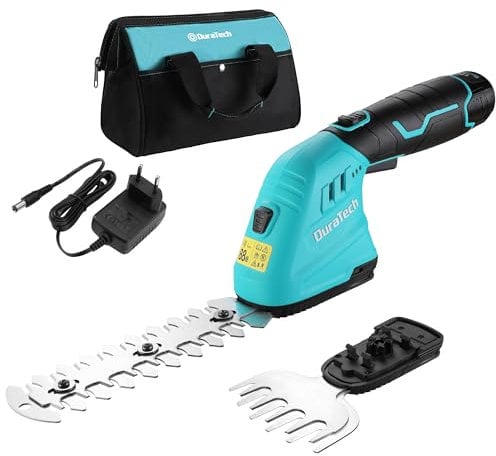 DURATECH 12V Akku Heckenschere, 2-in-1 Gartenschere Akku mit mit 2Ah Akkupack & Ladegerät, Rasenkantenschneider elektrische Grasschere mit Tasche, Rasentrimmer für Gartenarbeit