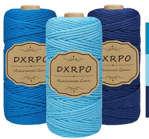 DXRPO Macrame Corda 3 mm x 300 m x 3, Macramè Filo Cotone per Fai Da Te, Piante Sospese, Natale, Decorazione Boho (Azzurro, Blu, Blu Scuro)