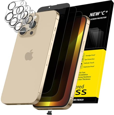 NEW'C 3x Privacy for iPhone 13 Pro Max Screen Protector (6.7 inches)+ 3x Camera Lens Protector, Sensor Protection, Tempered Glass Film + Dust Plug - Enhanced Privacy Angle of 28 Degrees