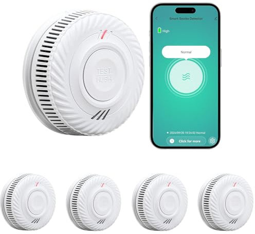 RISOON Détecteur de fumée Intelligent, détecteur de fumée Wi-FI avec capteur photoélectrique, détecteur d'incendie Conforme à EN14604, Compatible avec Tuya/Smart Life APP, 10 Ans Batterie 4-Pack