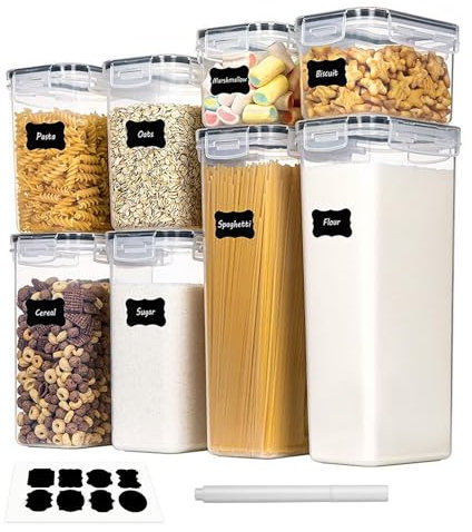 8 Boîtes de Rangement Alimentaire - Pots de Rangement Cuisine - Boîtes Hermétiques Alimentaires - Boîtes à Céréales, 14L, Empilables, avec Stylo et Étiquettes, Idéales Stocker Céréales, Pâtes, etc