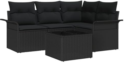 vidaXL Garten-Sofa-Set mit Kissen 5 pcs Schwarz Poly Rattan, Garten und Terrasse, modernes Lounge-Set, Rattan-Sofa, verstellbare Füße, wetterfest, Sitzgelegenheit für Decks