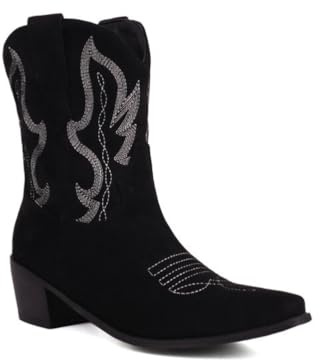 Generico Stivali Donna Retro Ricamati Stile Cowboy Punta A Punta Tacco Medio Largo in Camoscio Sintetico Soletta Imbottita Comodi Resistenti Antiscivolo Casual Quotidiano Western,Nero,44 EU