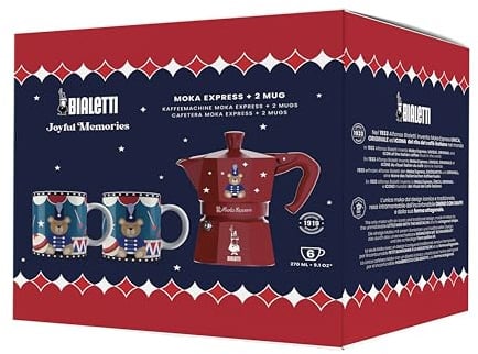 Bialetti - Joyful Christmas Set di Moka Express 6 tazze (258 g) + 2 tazze 10z Set