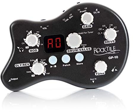 Rocktile GP-10 Gitarren Multieffekt Gerät/Kopfhörer-Verstärker Amp (8-Effekttypen und Drum-Loop Player mit 40 Rhythmen, Gürtelclip, Stromversorgung per Netzteil/Batterien)