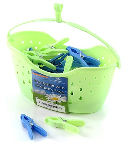 Hangerworld Plastic Peg Basket 36 Green Blue Pegs Clothes Garment Laundry Washing Line.