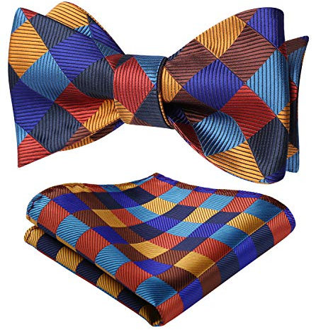 HISDERN Herren Fliege mit Einstecktuch Set Schleife Selbstbindende Karierte Fliegen und Taschentuch Hochzeit für Männer, Orange & Rot & Blau