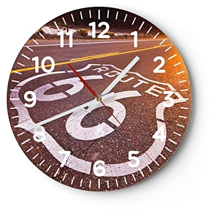 Modern Wanduhr Usa wegweg 66 Freiheit Reise 40x40cm Rund Groß Wand Uhr Glas Analog Zimmeruhren Küche Büro Wohnzimmer Glasuhr Wall Clock Dekoration Design Wanddekoration Küchenuhr C4AR40x40-0443