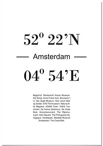 Panorama Poster Koordinaten von Amsterdam 35 x 50 cm - Gedruckt auf qualitativ hochwertigem Poster - Wandbild Wohnzimmer - Poster Schlafzimmer - Bilder Stadt - Poster Vintage - Deko Hause
