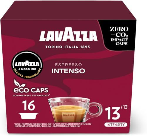 Lavazza A Modo Mio Espresso Intenso, Coffee Capsules, Arabica and Robusta, Spicy Notes, Intensity 13/13, Medium-Dark Roasting, Compostable, 16 Coffee Pods